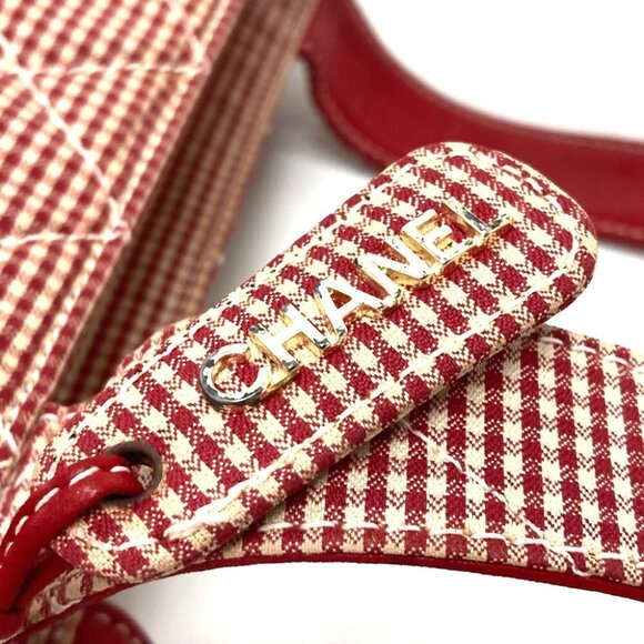 CHANEL CC Matelasse Gingham Check Tote Bag Shoulder Bag Canvas Red x White - Picture 12 of 12